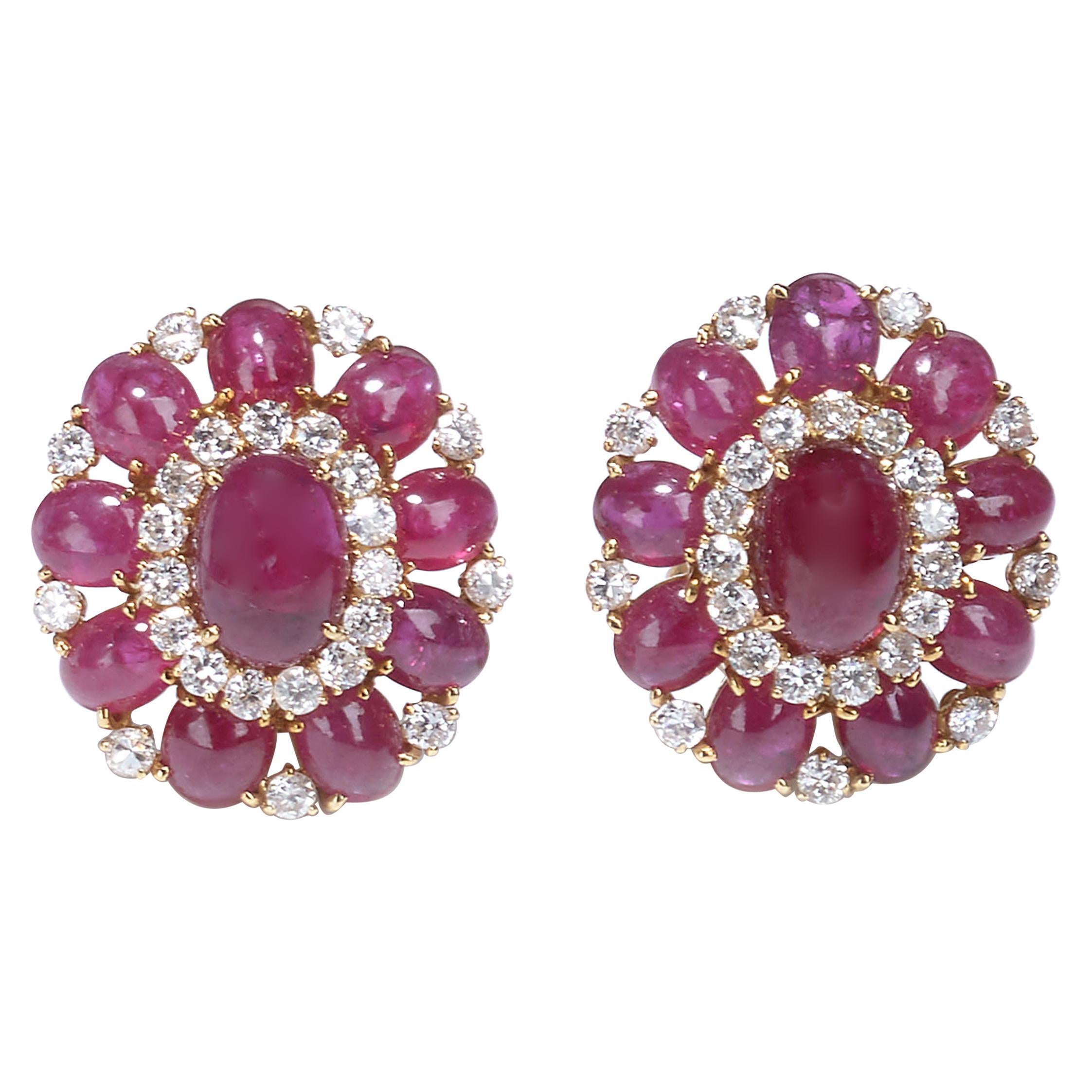 Vintage Cabochon Ruby and Diamond Earrings For Sale