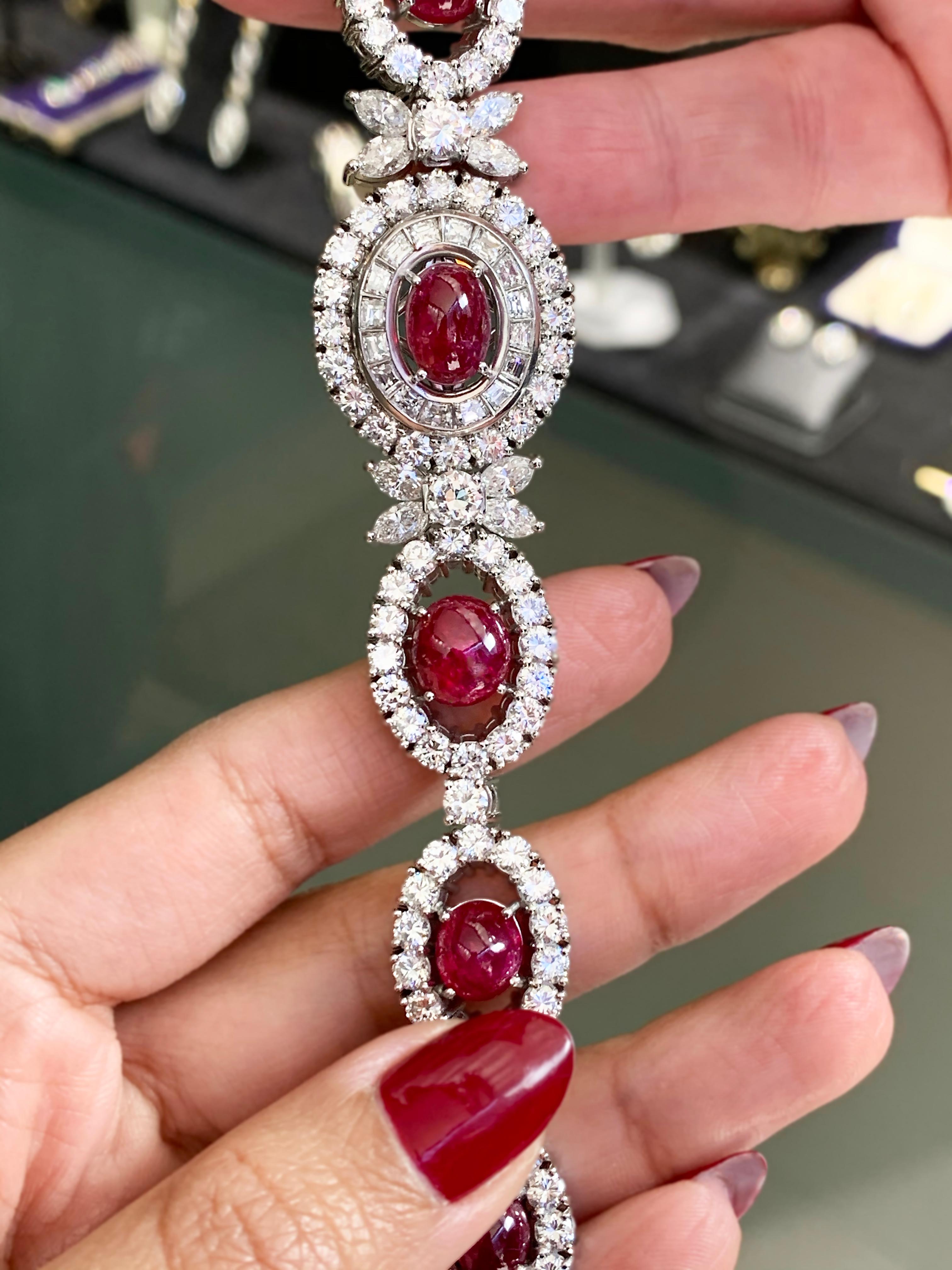 Oval Cut Vintage Cabochon Ruby and Diamond Platinum Bracelet, circa 1950s