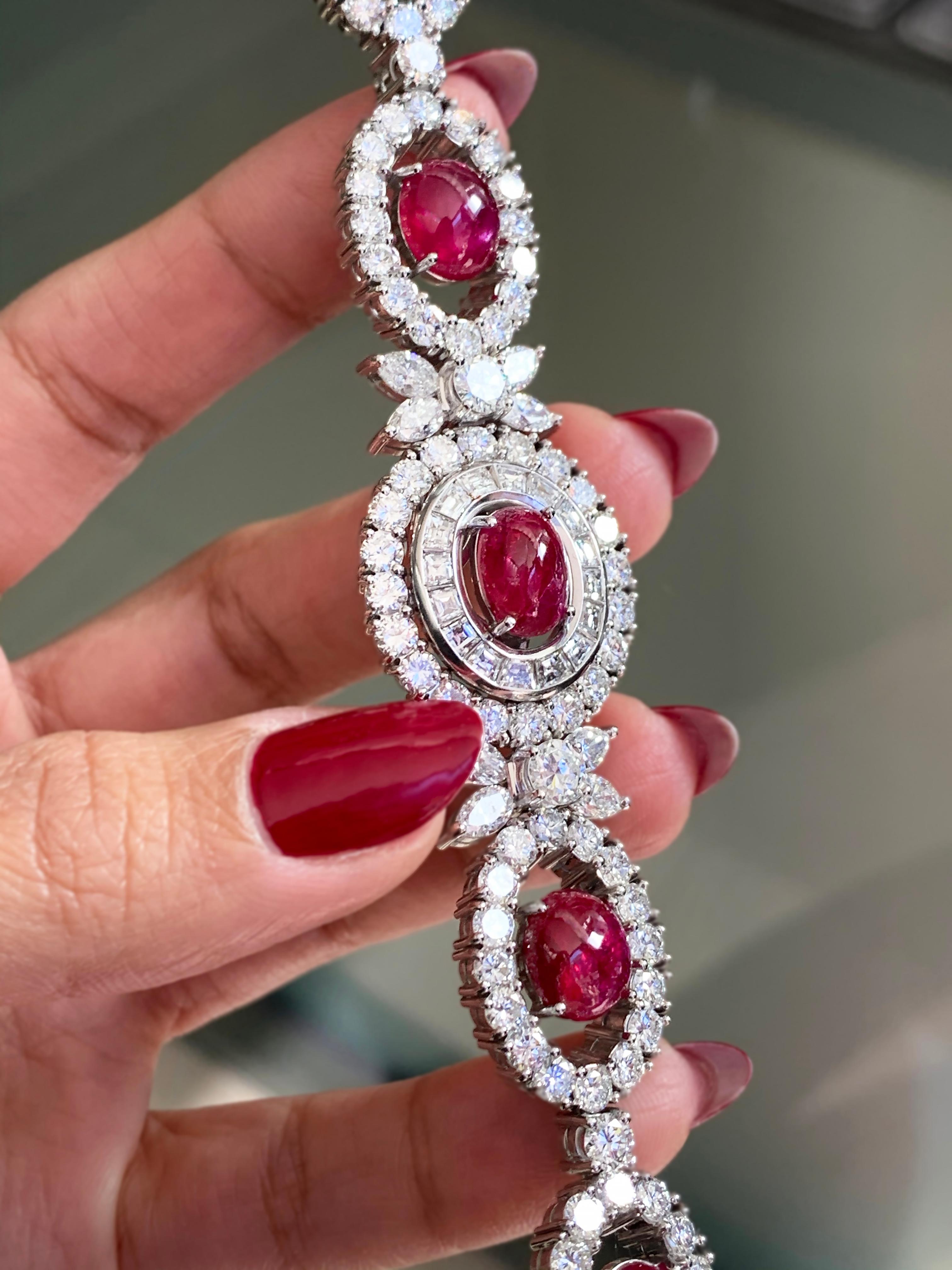 Vintage Cabochon Ruby and Diamond Platinum Bracelet, circa 1950s In Good Condition In London, GB