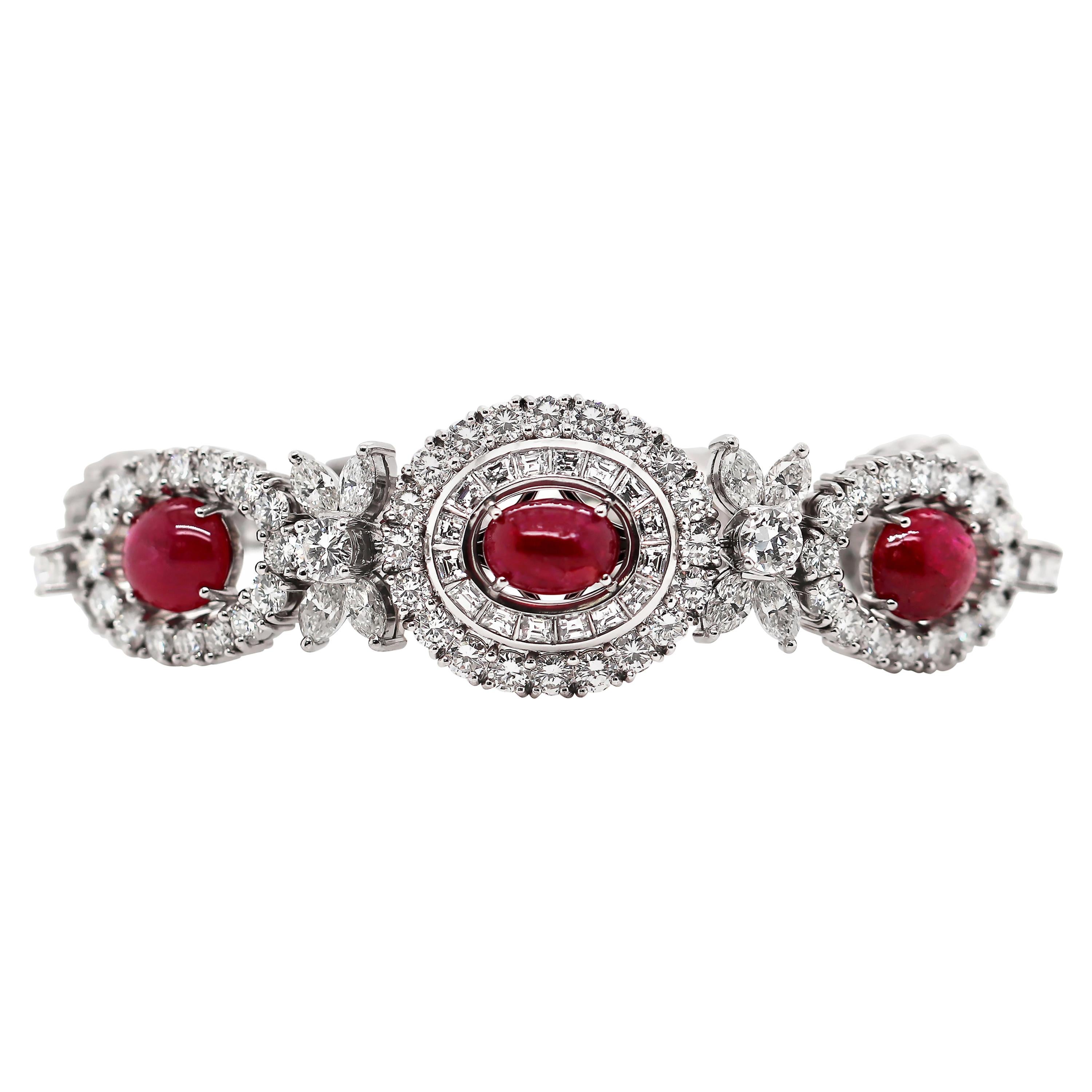 Vintage Cabochon Ruby and Diamond Platinum Bracelet, circa 1950s