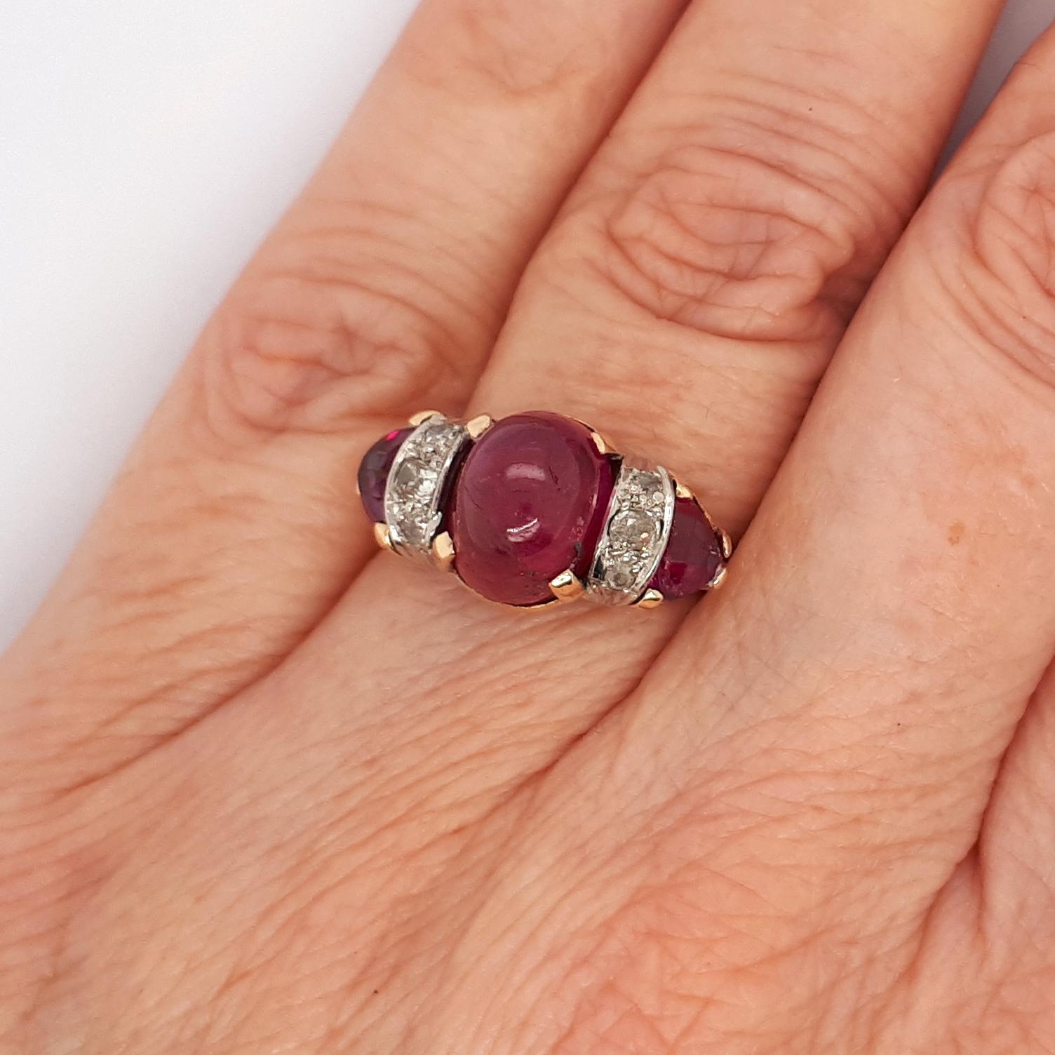 Contemporary Vintage Cabochon Ruby and Diamond Three-Stone Ring