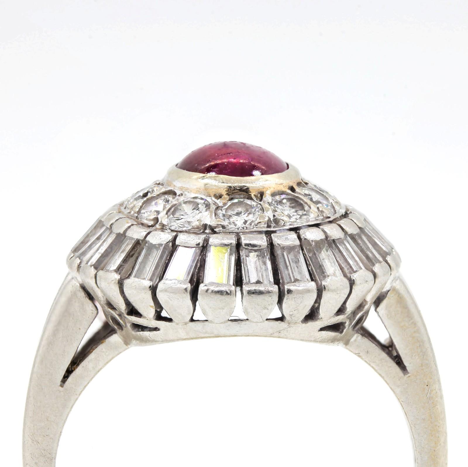 Modern Vintage Cabochon Ruby and Diamond Platinum Ring For Sale