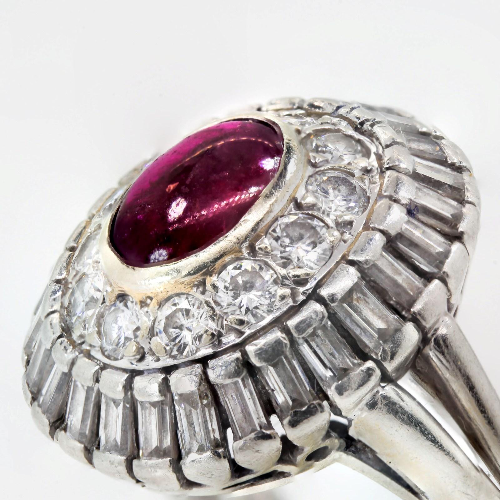 Round Cut Vintage Cabochon Ruby and Diamond Platinum Ring For Sale