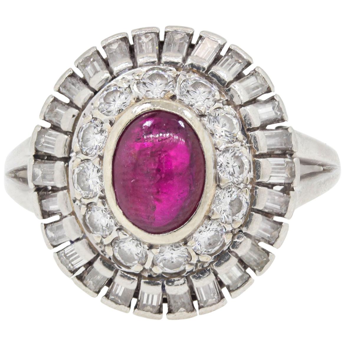 Vintage Cabochon Ruby and Diamond Platinum Ring For Sale