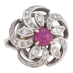 Vintage Cabochon Ruby Diamond Ring 14 Karat White Gold Round Cocktail Estate