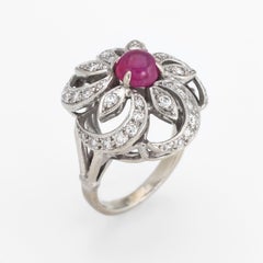 Vintage Cabochon Ruby Diamond Ring 14 Karat White Gold Round Cocktail Estate