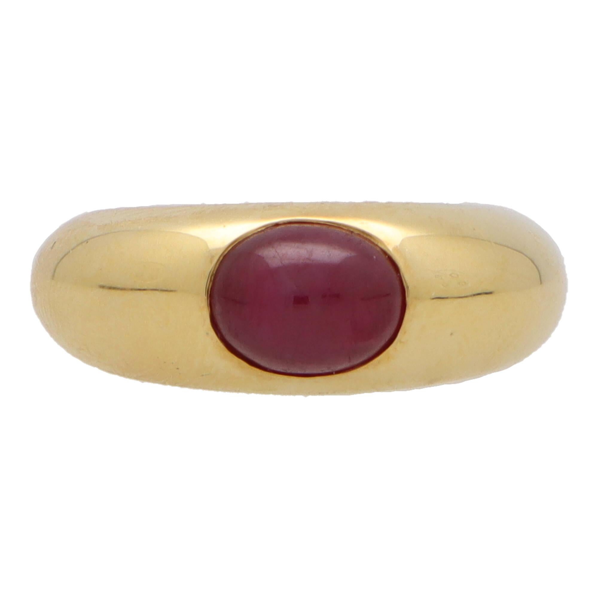 Retro  Vintage Cabochon Ruby Gypsy Set Chunky Ring in 18k Yellow Gold For Sale