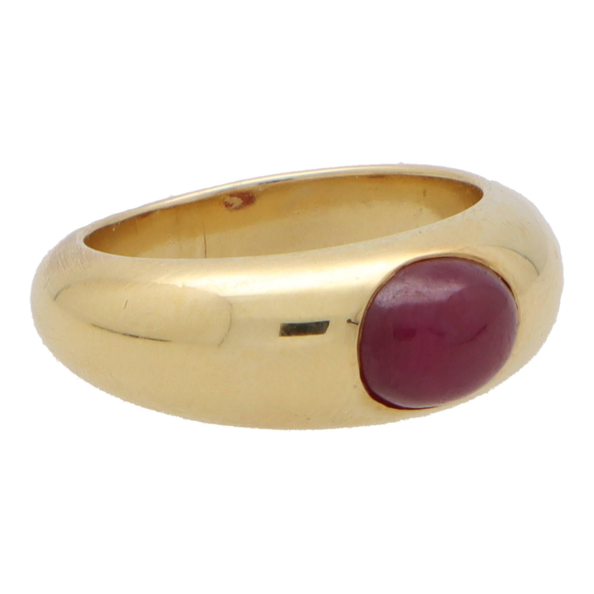 Women's or Men's  Vintage Cabochon Ruby Gypsy Set Chunky Ring in 18k Yellow Gold For Sale