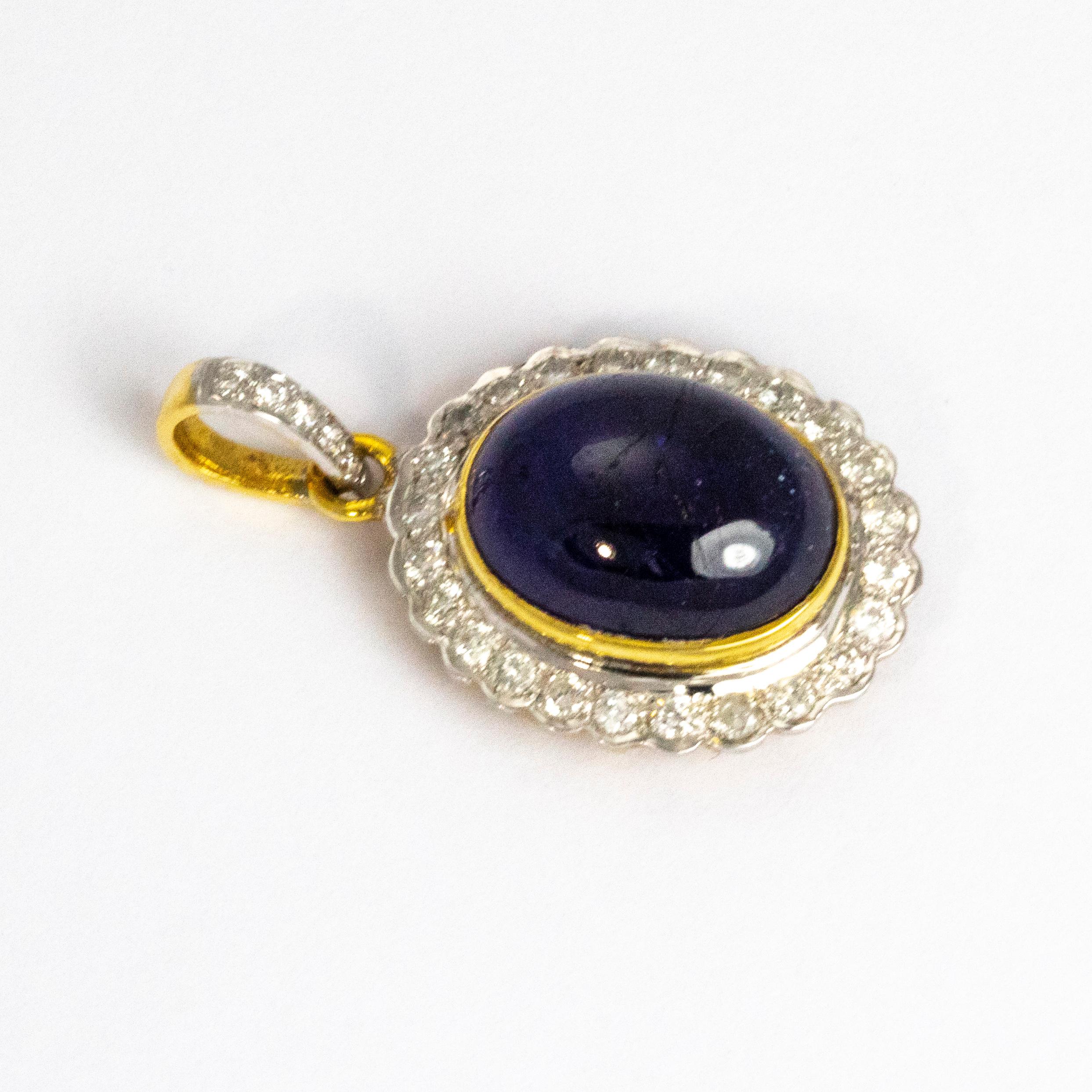 Modern Vintage Cabochon Sapphire and Diamond 18 Carat Gold Pendant For Sale