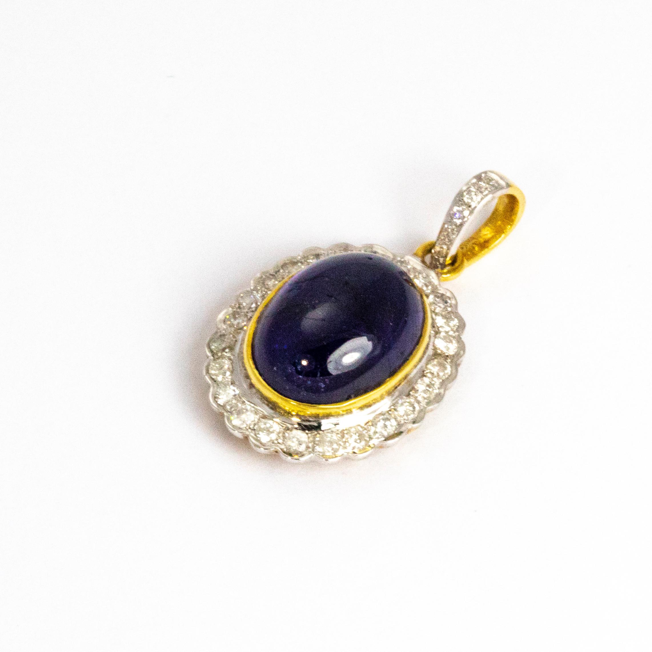 Vintage Cabochon Sapphire and Diamond 18 Carat Gold Pendant In Excellent Condition For Sale In Chipping Campden, GB