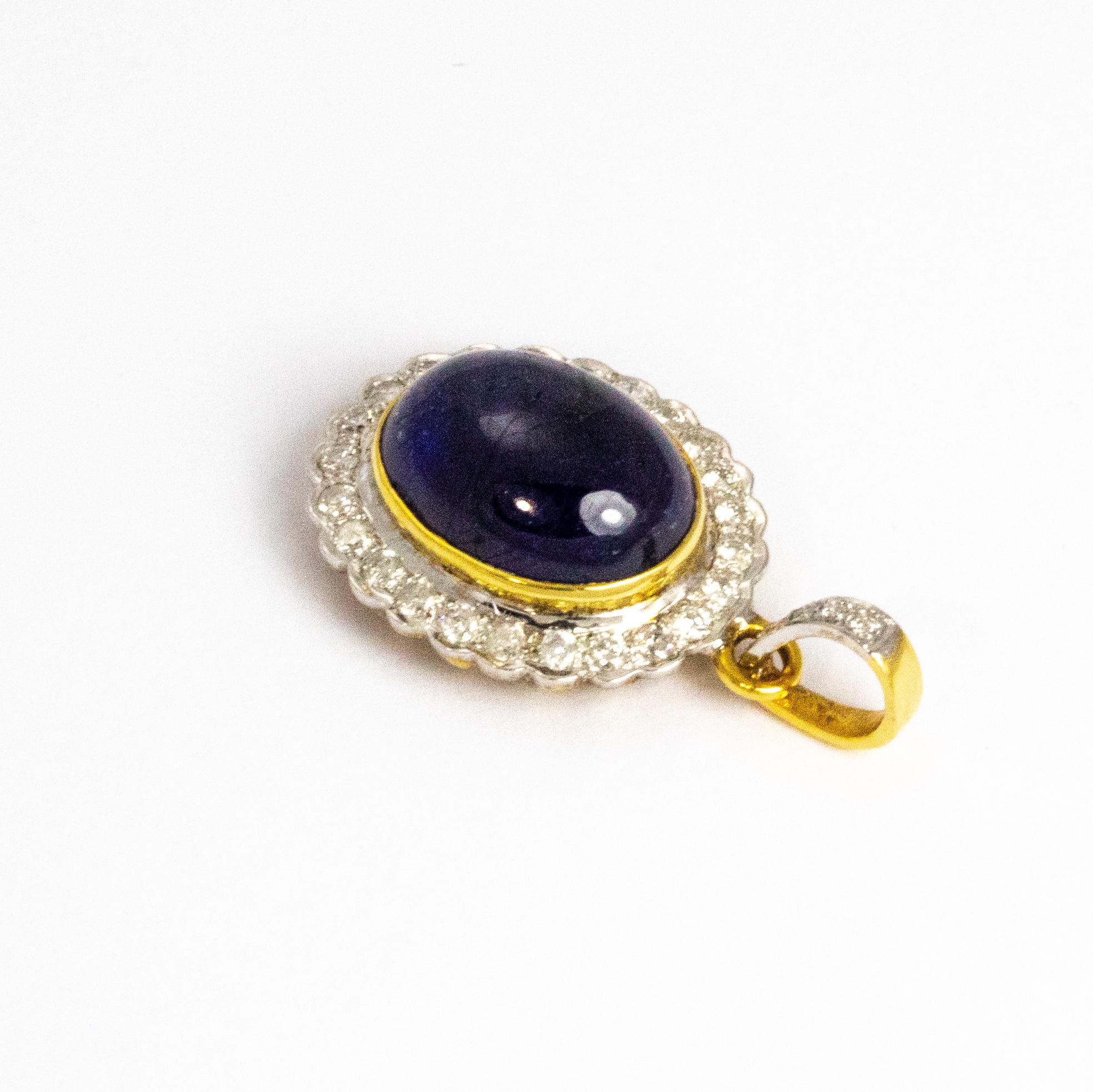 Women's or Men's Vintage Cabochon Sapphire and Diamond 18 Carat Gold Pendant For Sale