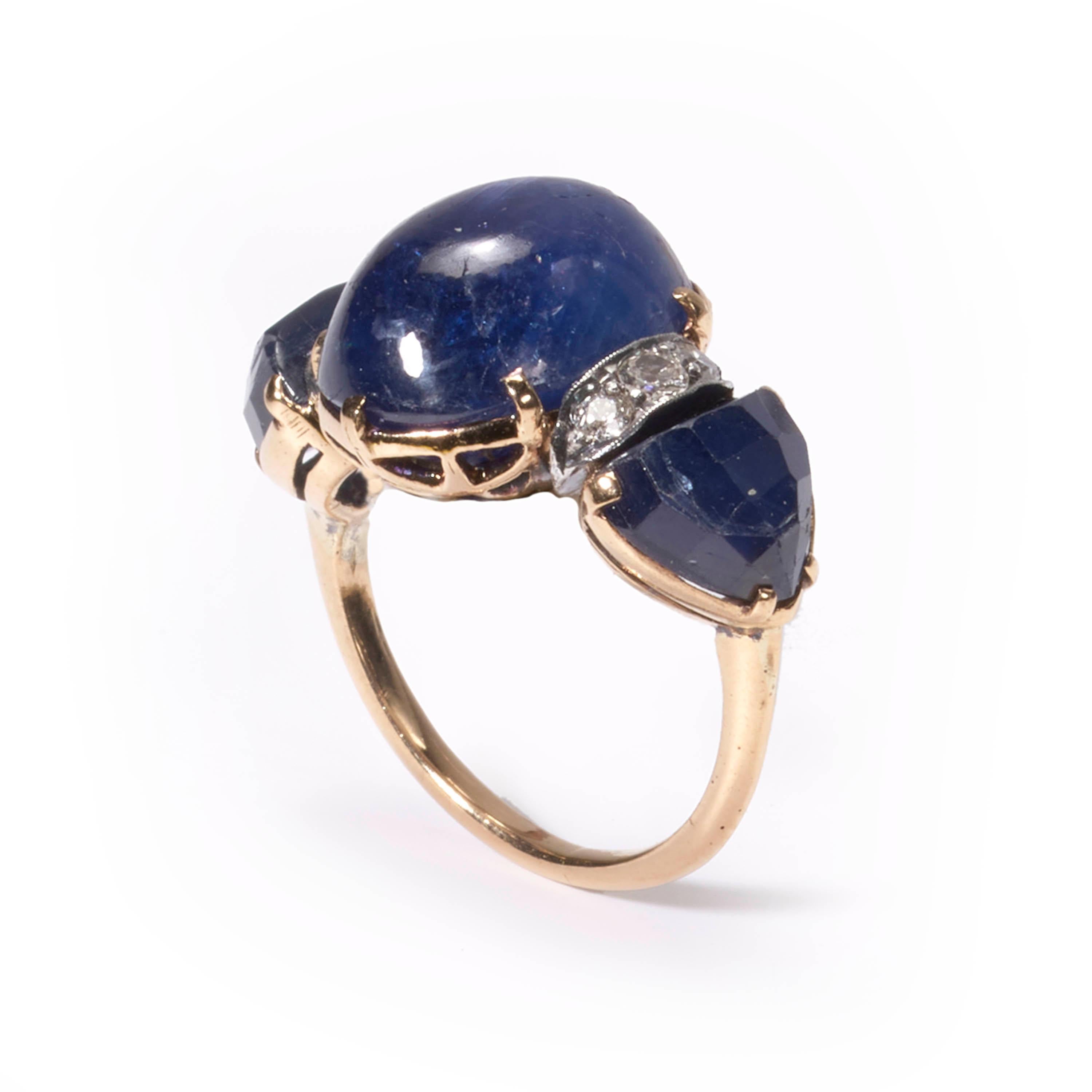 Contemporary Vintage Cabochon Sapphire and Diamond Three-Stone Ring