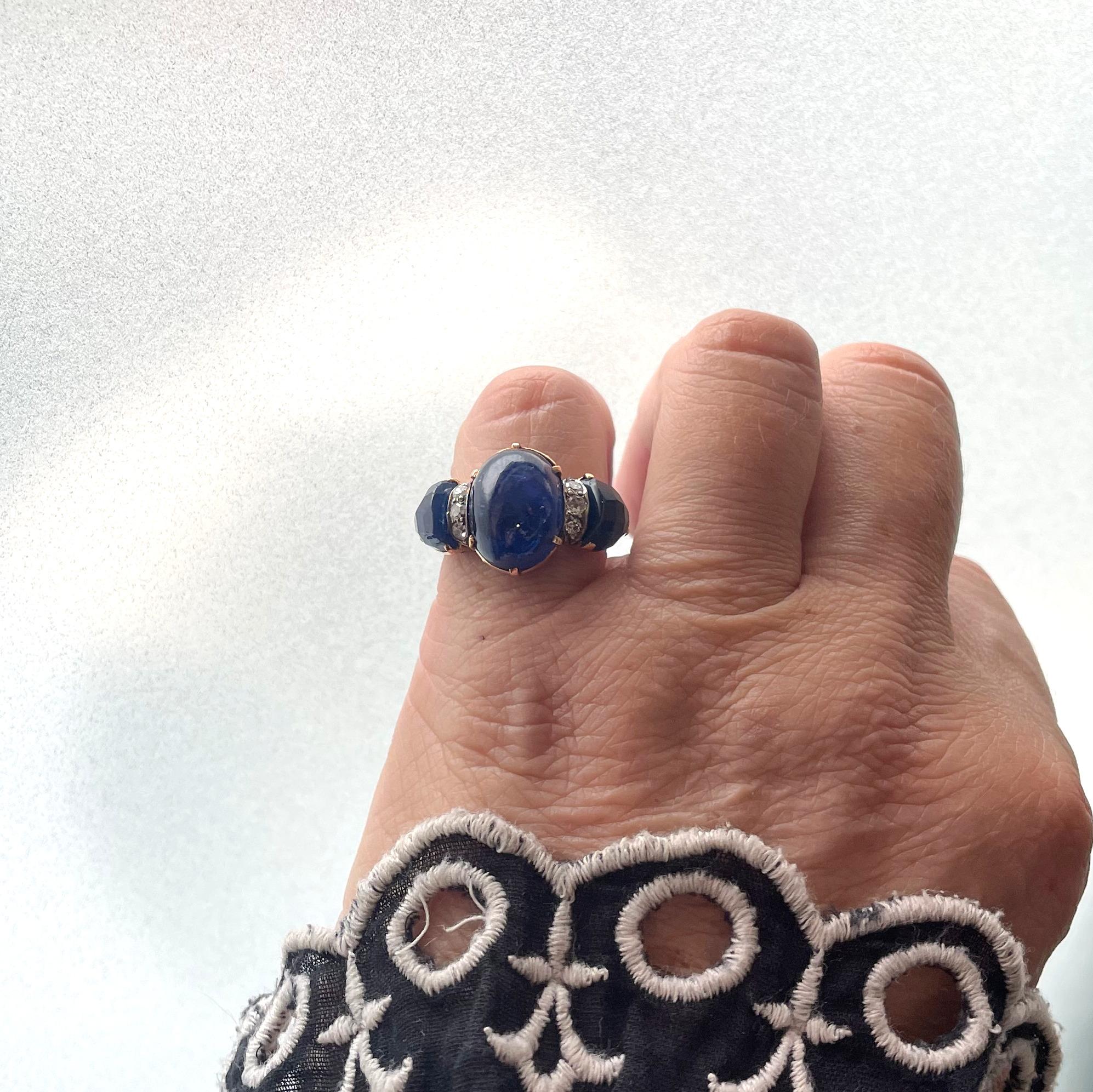 Women's Vintage Cabochon Sapphire and Diamond Three-Stone Ring