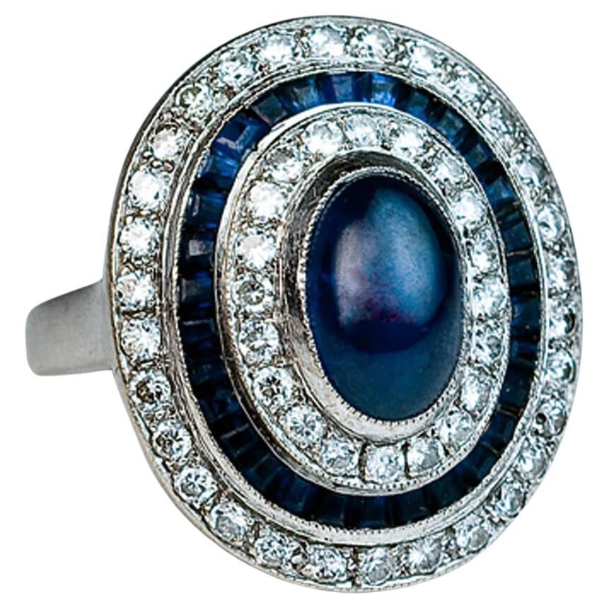 Vintage Cabochon Sapphire Diamond Cluster Ring For Sale