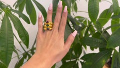 Vintage Cabochon Sapphire Ruby Emerald 14 Karat Yellow Gold Dome Ring Set