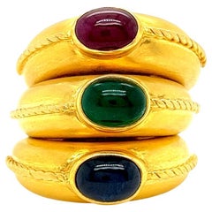 Vintage Cabochon Sapphire Ruby Emerald 14 Karat Yellow Gold Dome Ring Set