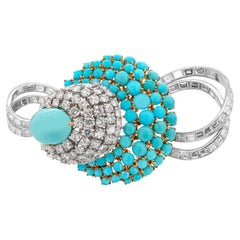 Retro Cabochon Turquoise and Diamond 18 Carat White and Yellow Gold Brooch