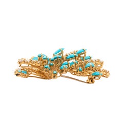 Vintage Cabochon Turquoise and Diamond 18 Carat Yellow Gold Flower Brooch