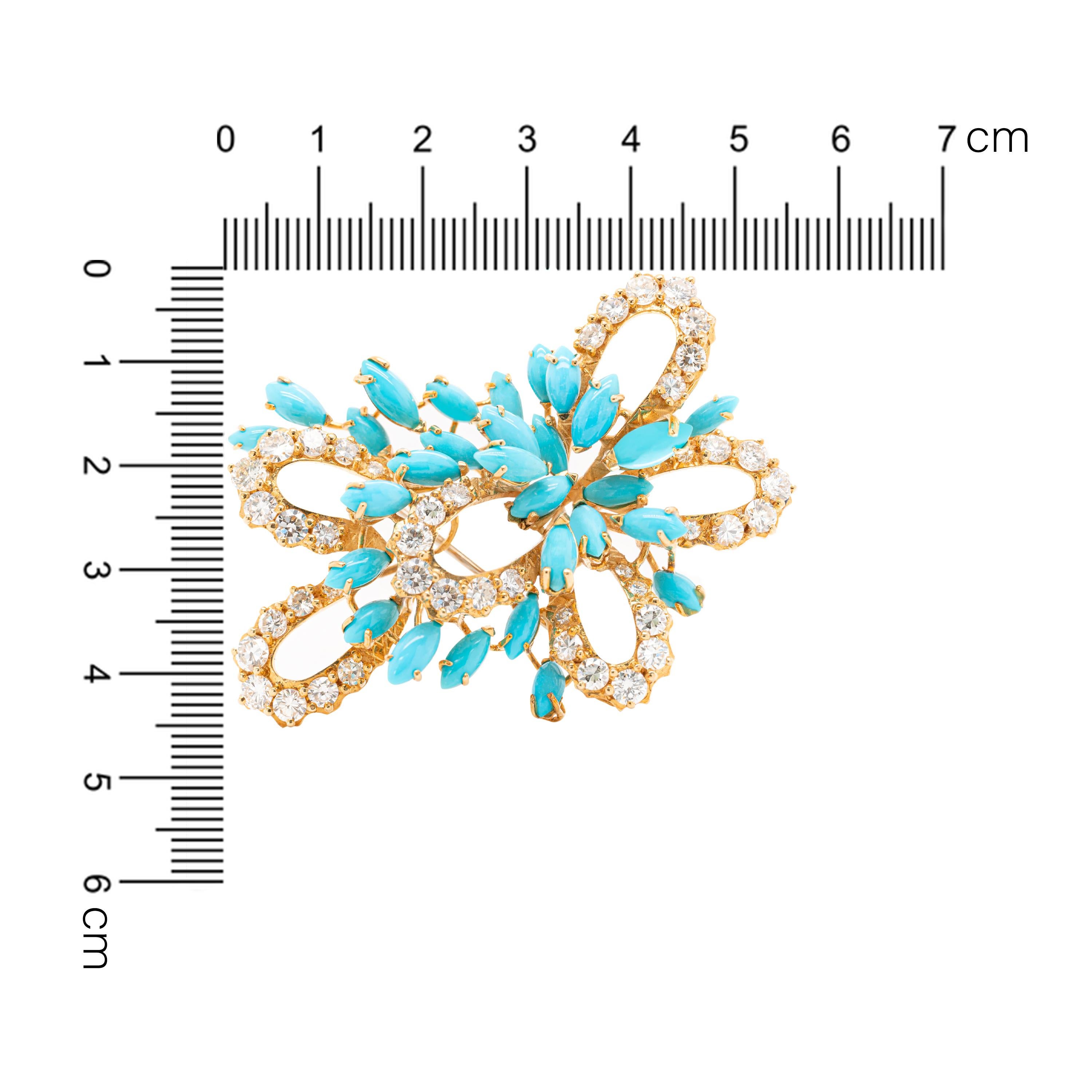 Blumenbrosche aus 18 Karat Gelbgold mit Türkis im Cabochon-Schliff und Diamant im Zustand „Gut“ im Angebot in London, GB