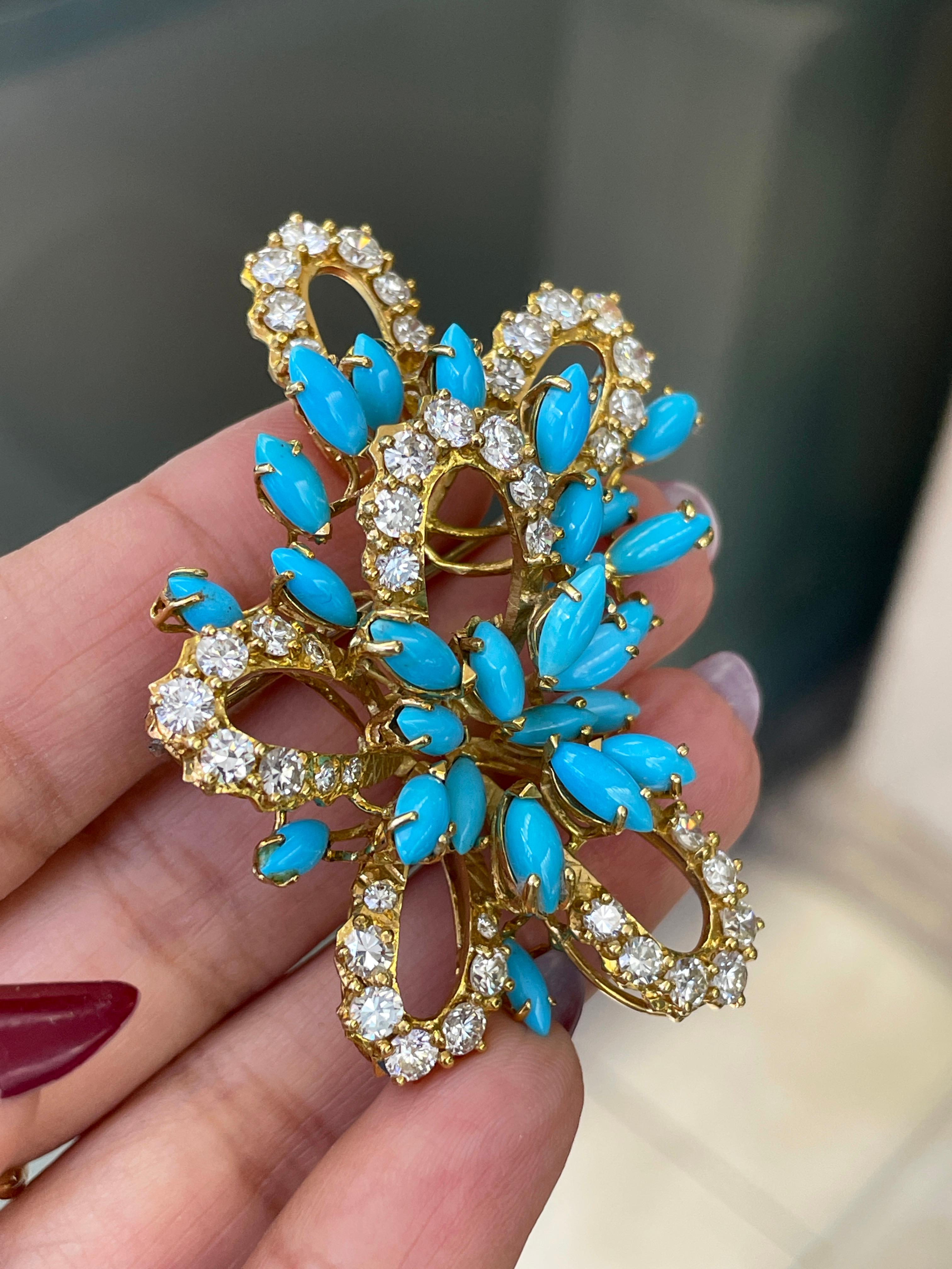 Women's Vintage Cabochon Turquoise and Diamond 18 Carat Yellow Gold Flower Brooch For Sale