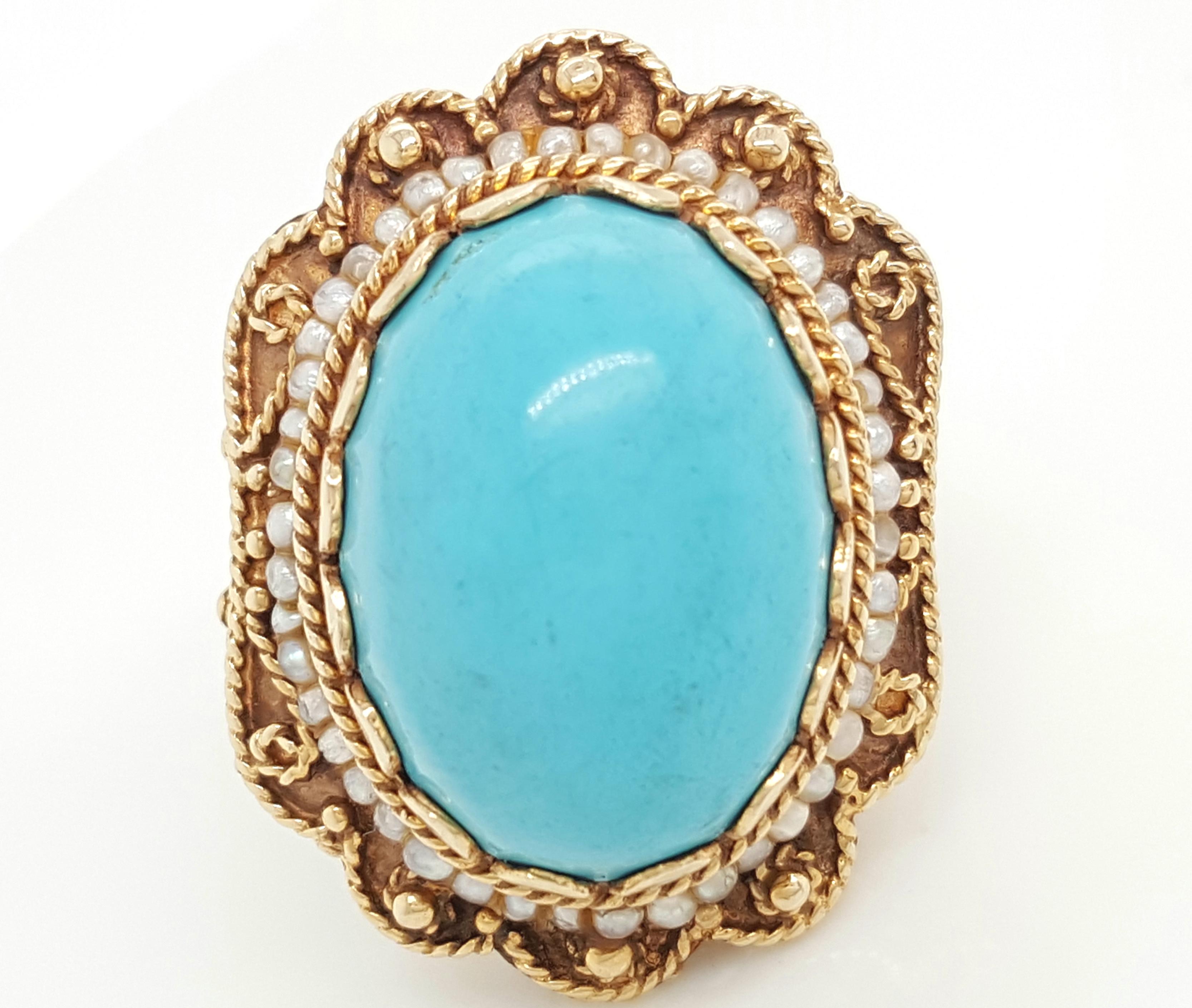 Vintage Cabochon Turquoise and Pearls Yellow Gold Ring 4