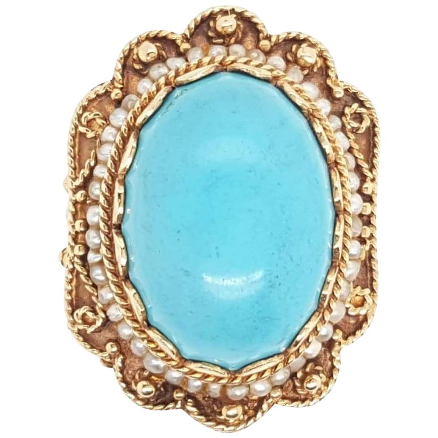 Vintage Cabochon Turquoise and Pearls Yellow Gold Ring