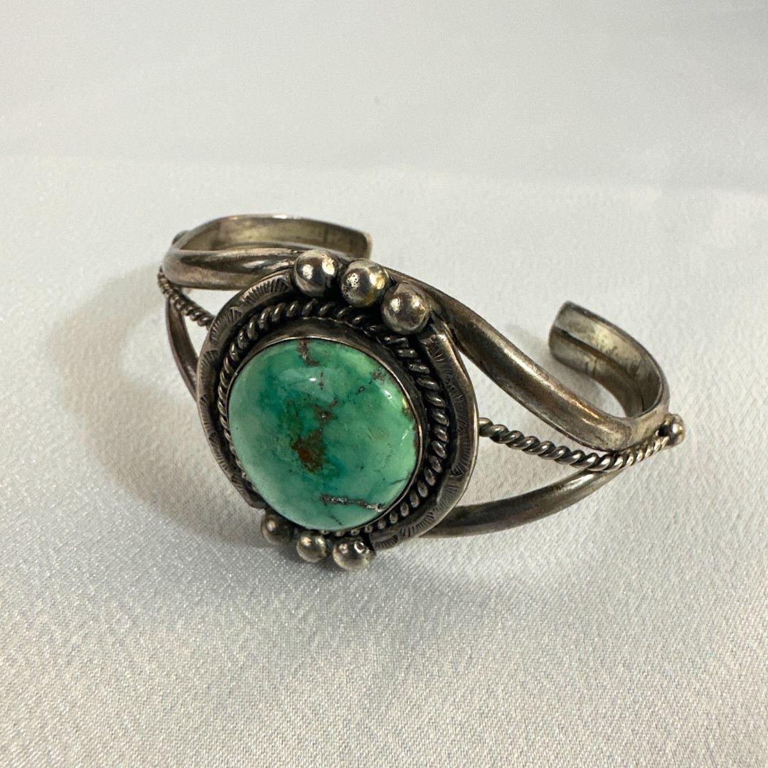 Vintage Cabochon Turquoise Silver Antique Cuff Bracelet In Excellent Condition For Sale In Jacksonville, FL