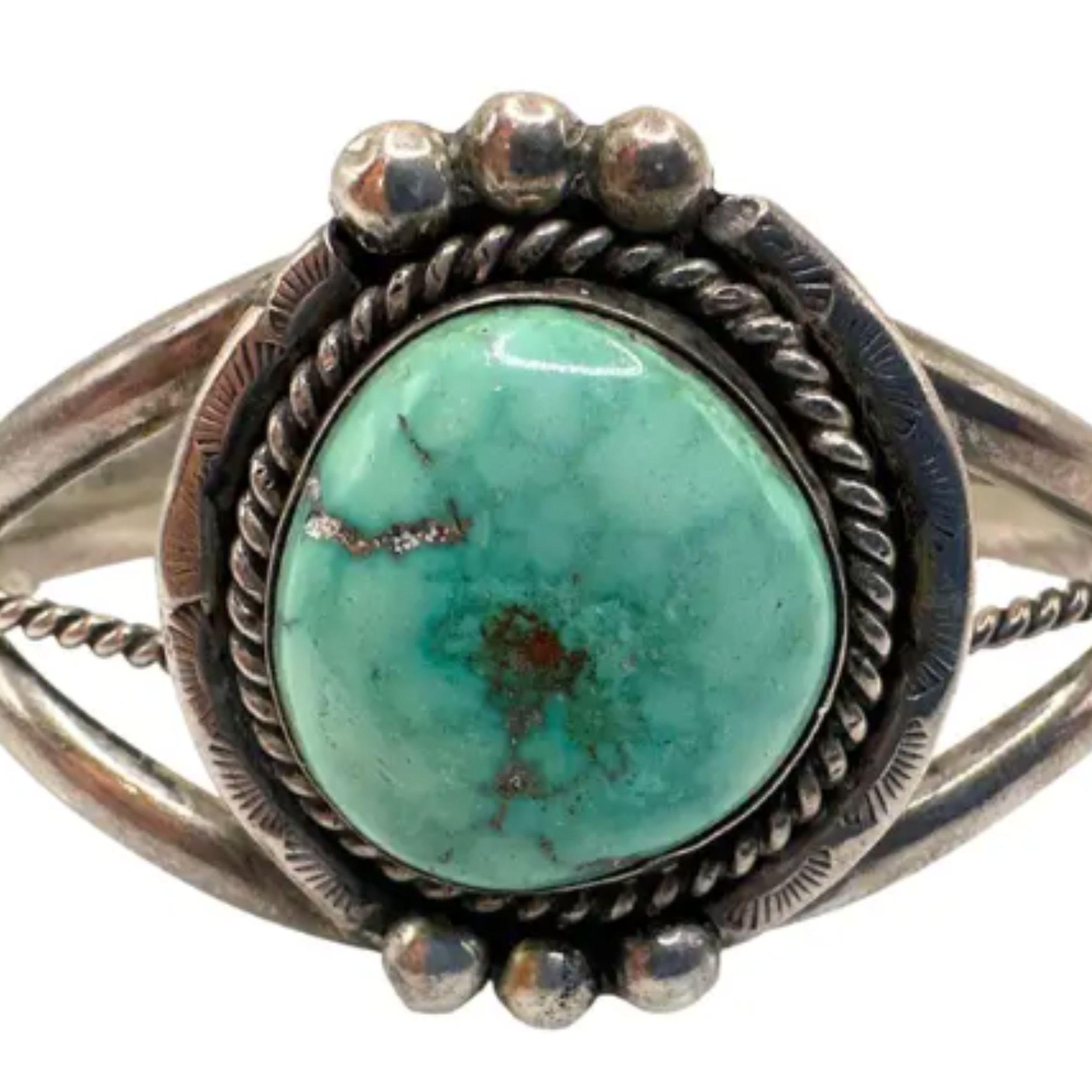 Vintage Cabochon Turquoise Silver Antique Cuff Bracelet 3