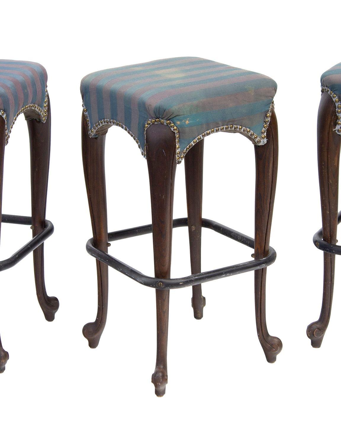 Wood Vintage Cabriole Leg Bar Height Barstools, S/3