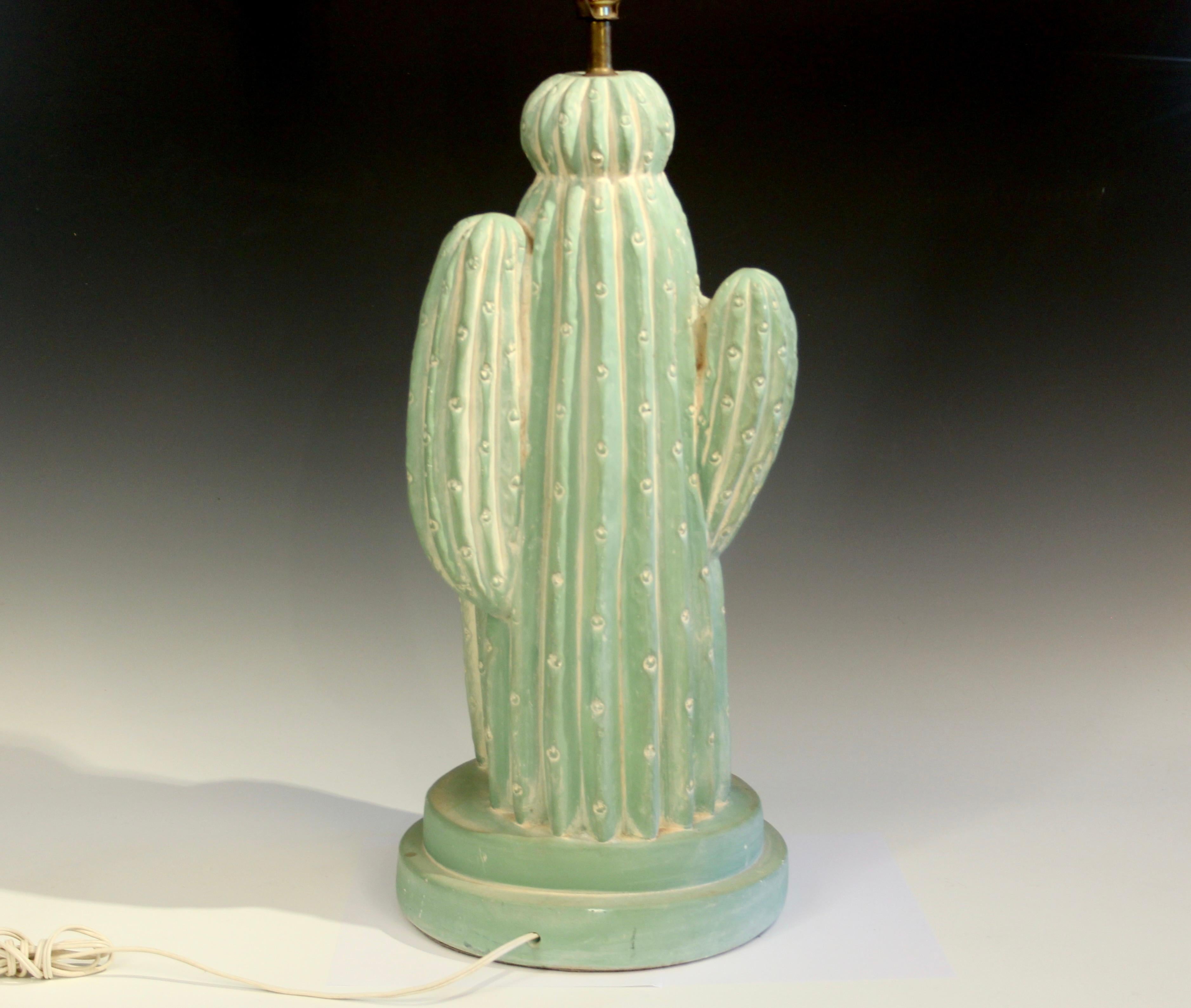 Large vintage Bon Art painted plaster folk art cactus lamp, circa 1980's. Nice design beautifully rendered in soothing shade of soft green. 40