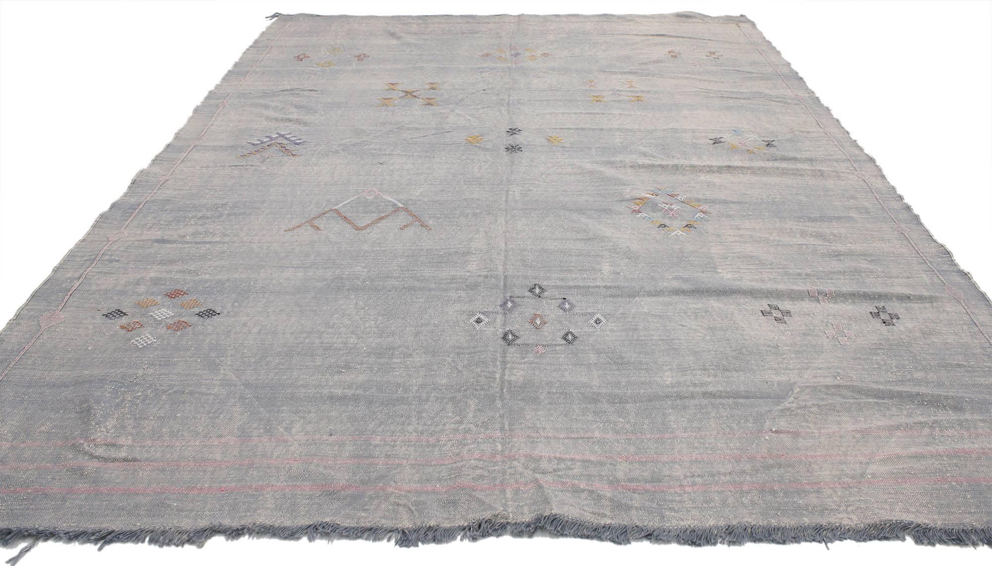 20540 cactus silk vintage Moroccan Kilim rug. This vintage Sabra Cactus silk vintage Moroccan Kilim rug handwoven by the Berber Tribes of Morocco. Features soft colors of geometric shapes galore and Berber symbols of nature on an abrashed slate blue