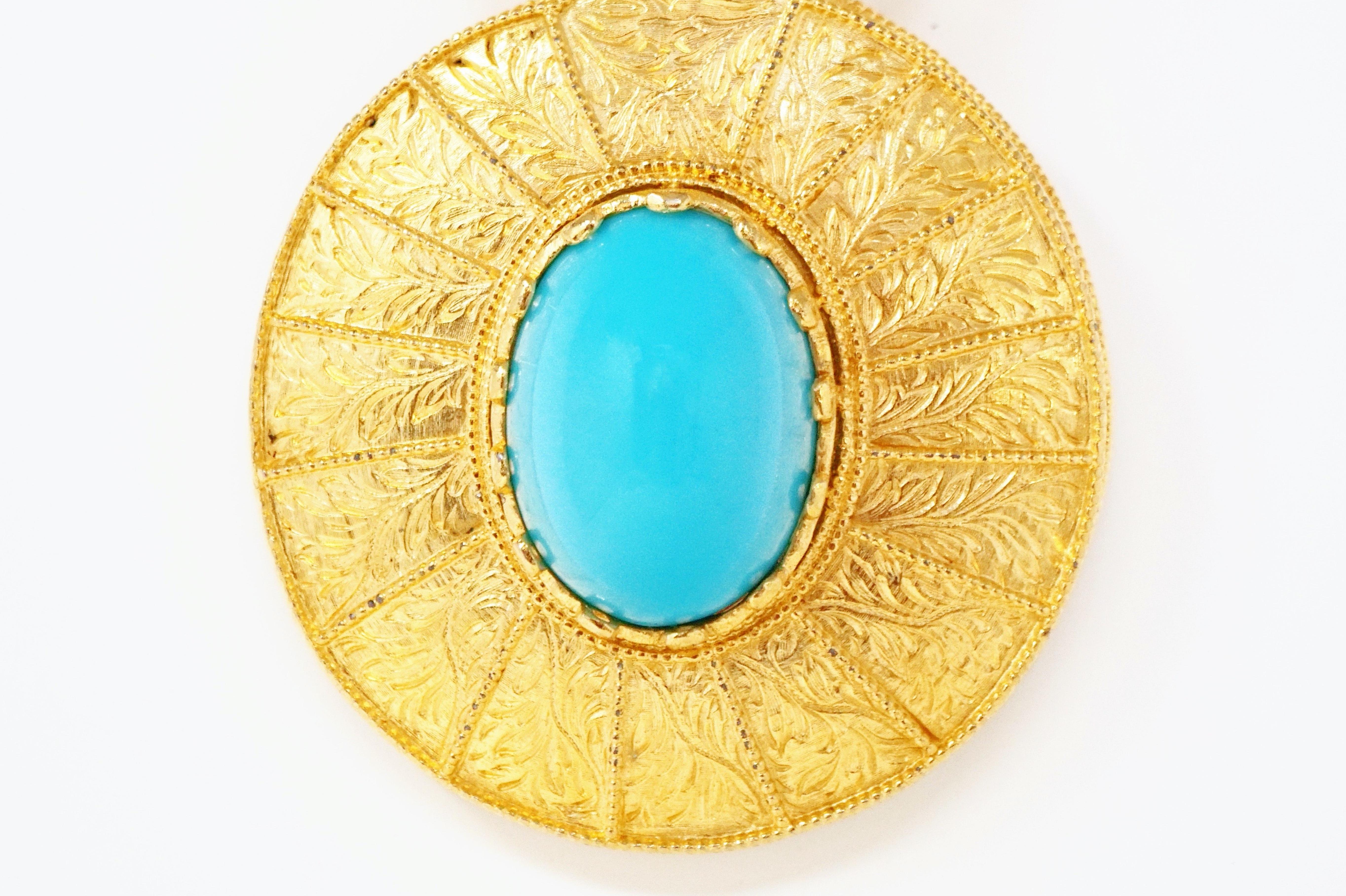 Vintage Cadoro Gilt & Turquoise Etruscan Revival Statement Necklace, 1970s In Excellent Condition For Sale In McKinney, TX