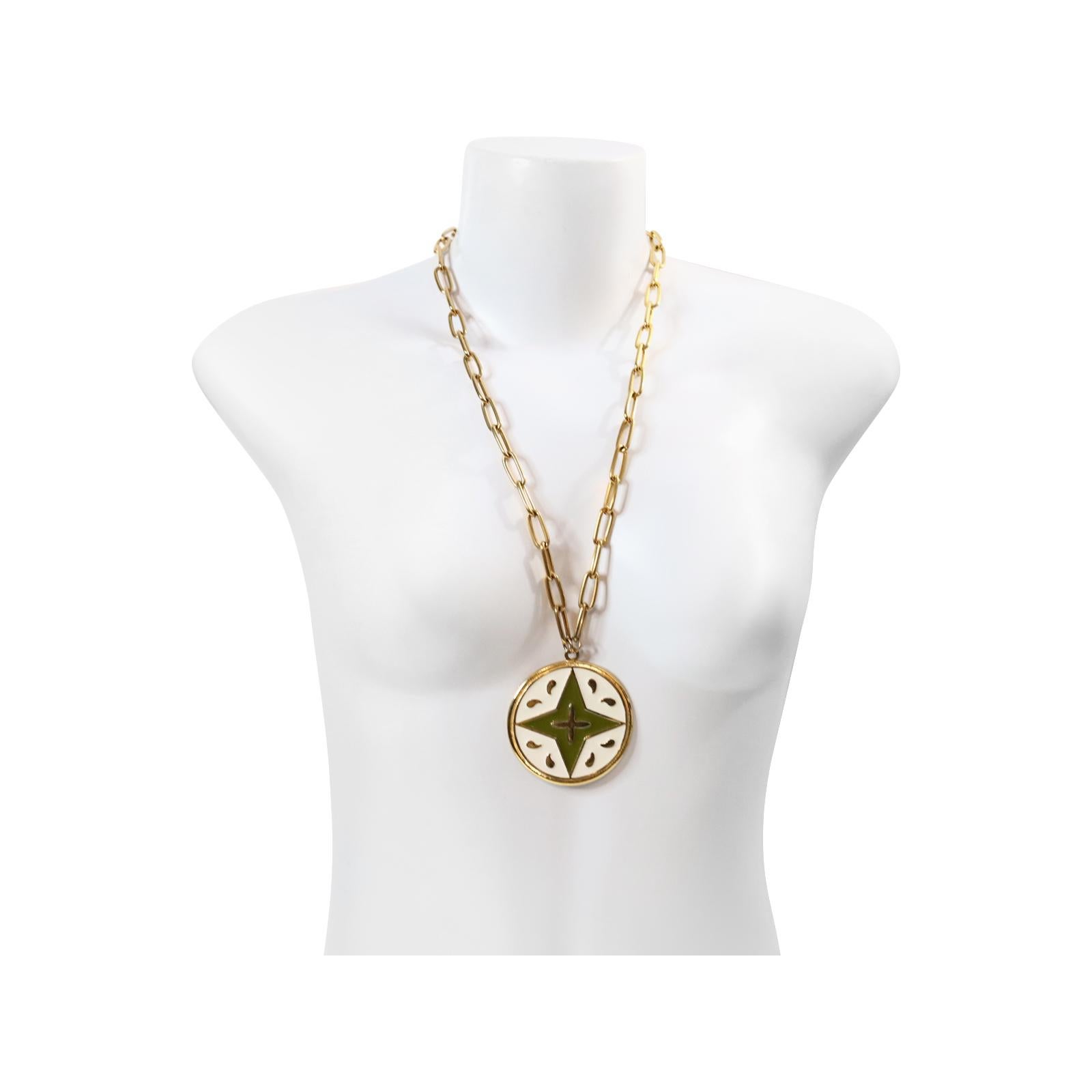 Vintage Cadoro Gold Tone Long Necklace with Enamel Disc 1980s.  Very chic. This is an unusual necklace, and it's so well-made.  In addition to being marked Cadoro, it is also stamped 'Rain', so it must have been part of a unique collection. This