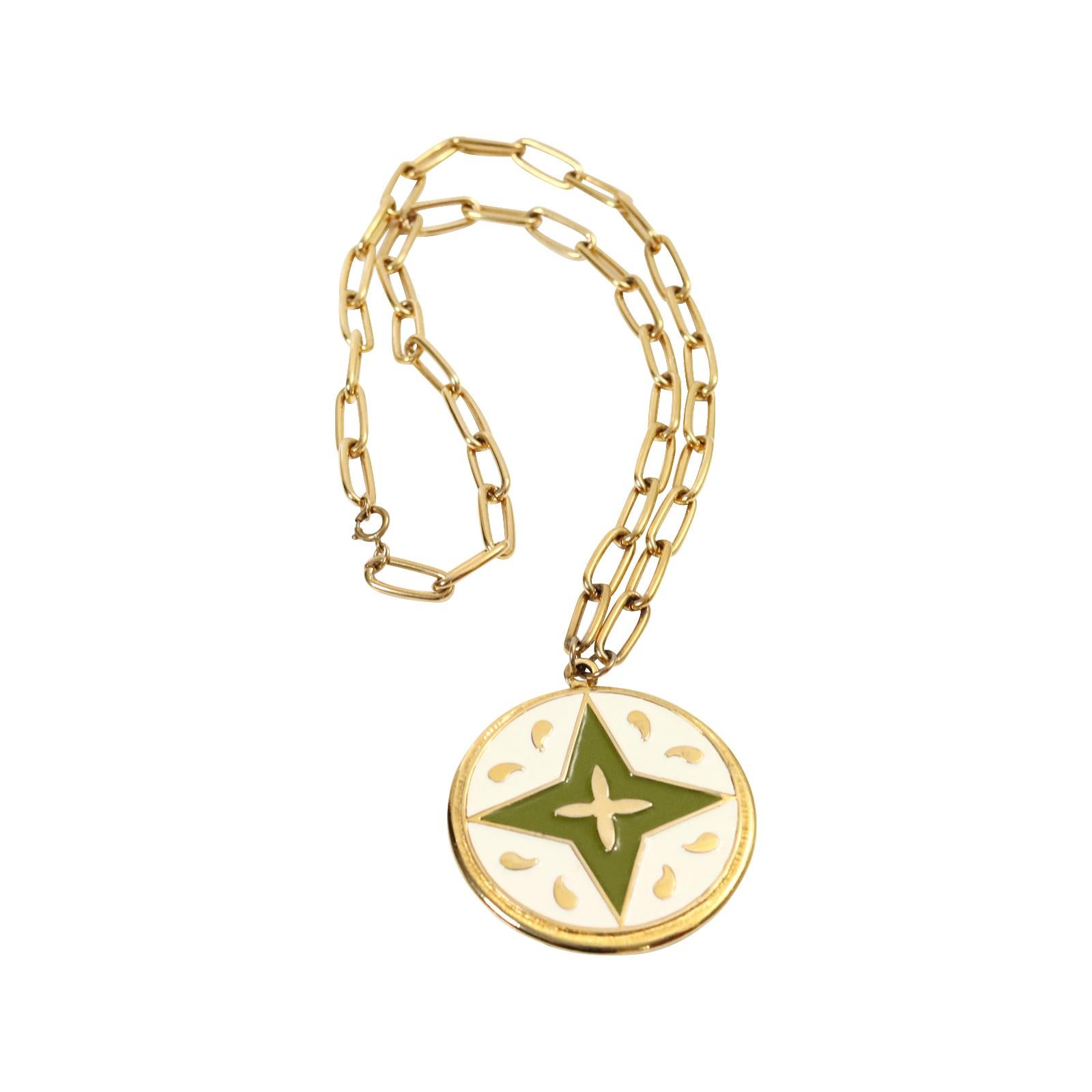 Vintage Cadoro Gold Tone Long Necklace with Enamel Disc 1980s In Good Condition For Sale In New York, NY
