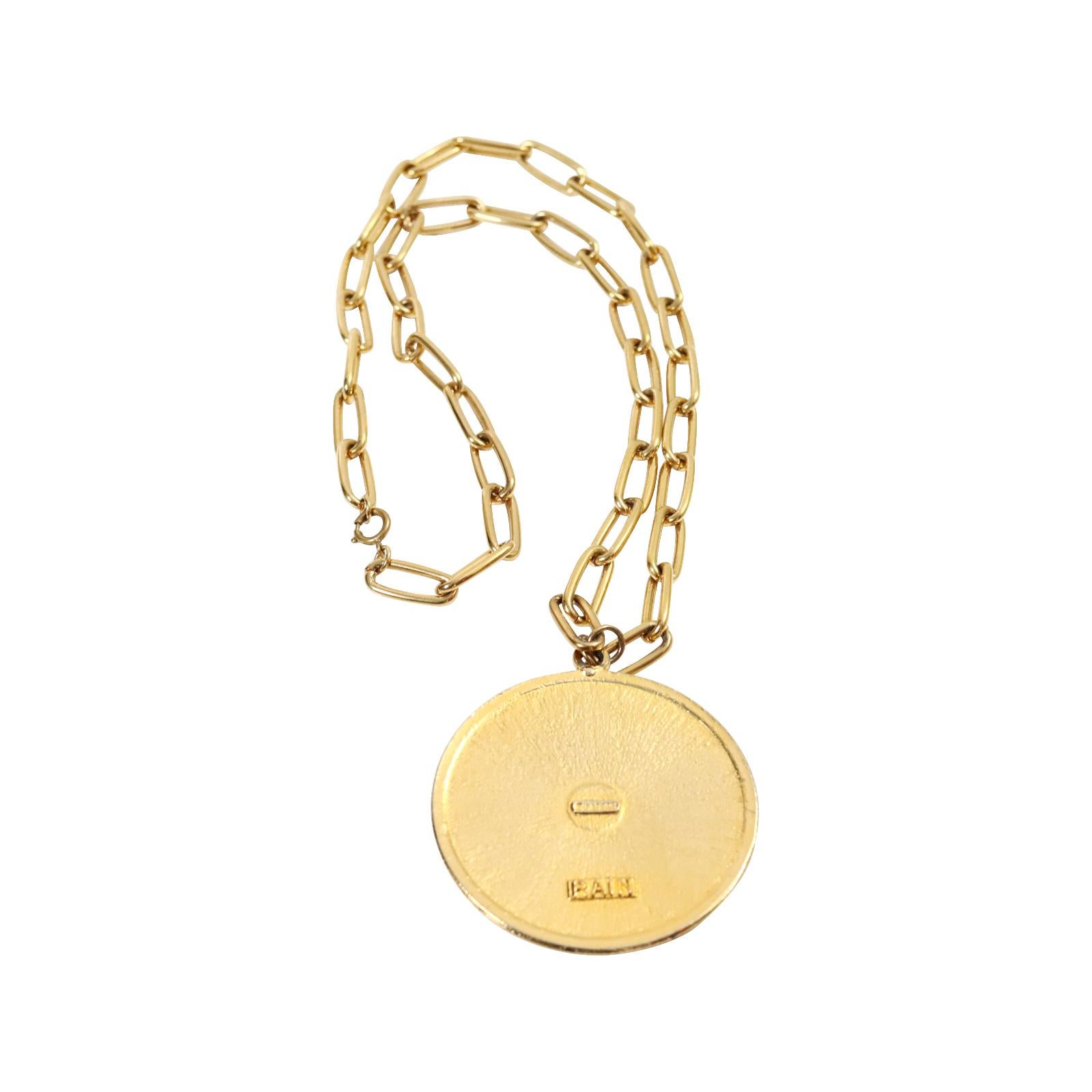 Women's or Men's Vintage Cadoro Gold Tone Long Necklace with Enamel Disc 1980s For Sale