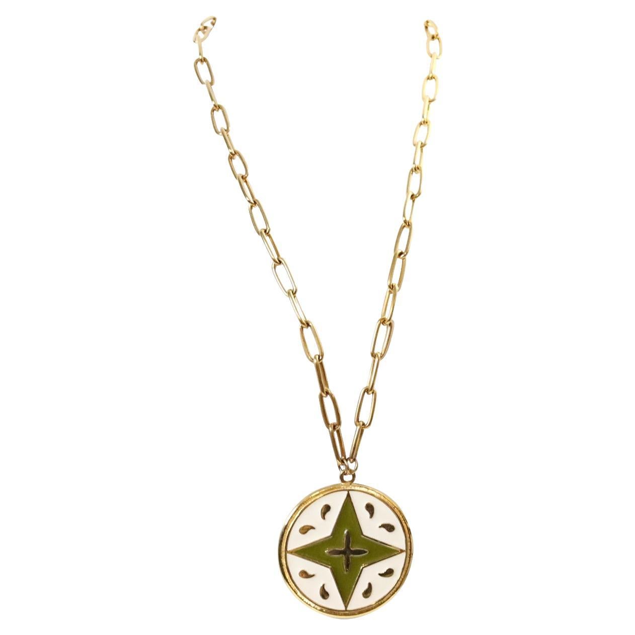 Modern Vintage Cadoro Gold Tone Long Necklace with Enamel Disc 1980s For Sale
