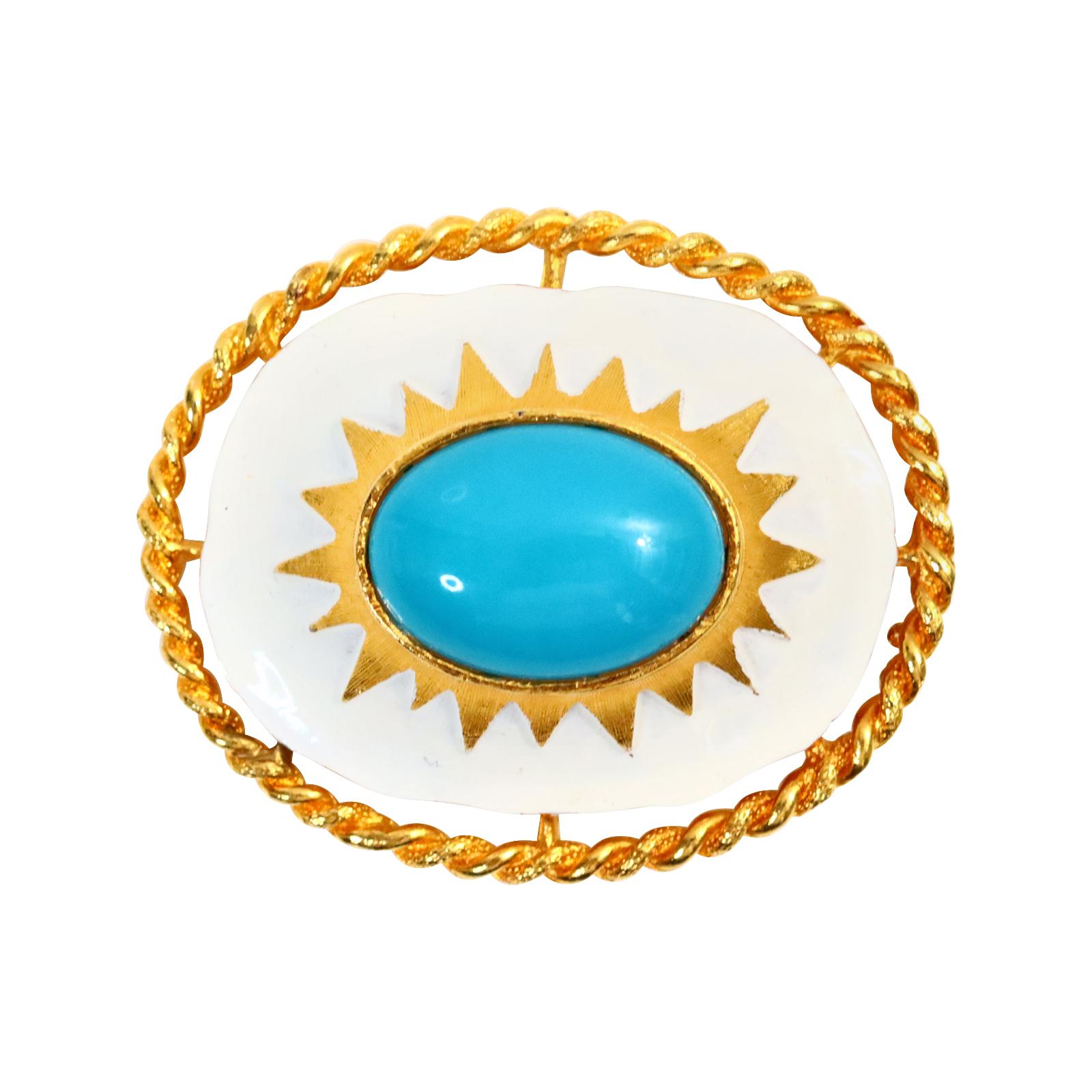 Vintage Cadoro Gold with Faux Turquoise and White Enamel Brooch Circa 1980s. It is what I call 3D or raised, so the white enamel sits on the base and then has a gold, star-like metal pattern, and then the faux turquoise sits in that. Lots of layers