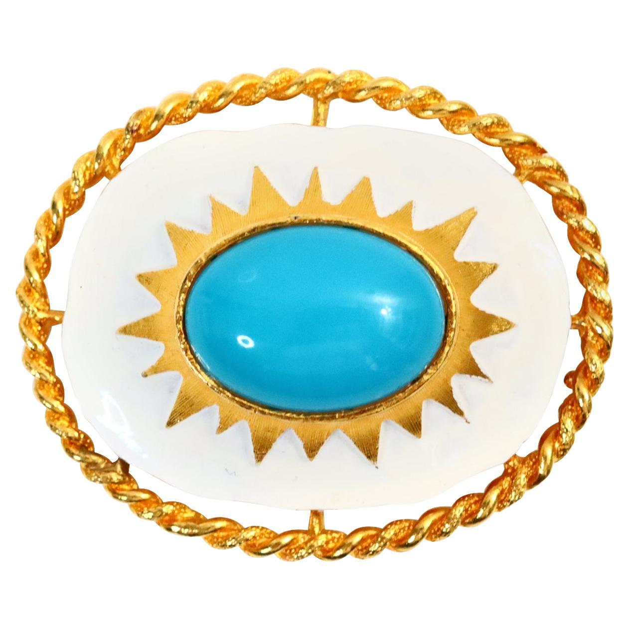 Vintage Cadoro Gold with Faux Turquoise and White Enamel Brooch, Circa 1980s For Sale