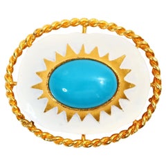 Vintage Cadoro Gold with Faux Turquoise and White Enamel Brooch, Circa 1980s