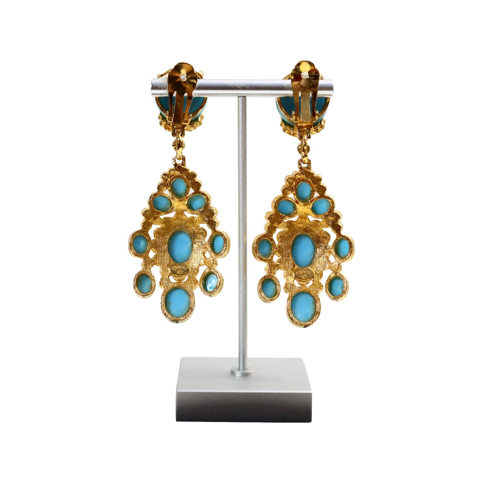 Vintage Cadoro Gold with Faux Turquoise Dangling Earrings Circa 1980s For Sale 6