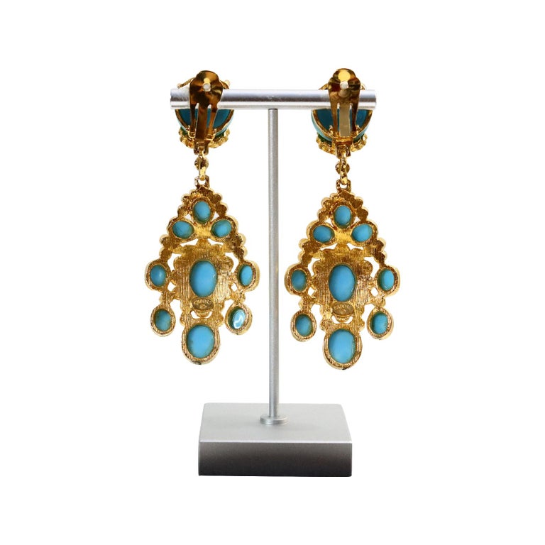 Vintage Cadoro Gold with Faux Turquoise Dangling Earrings, Circa 1980s For Sale 6