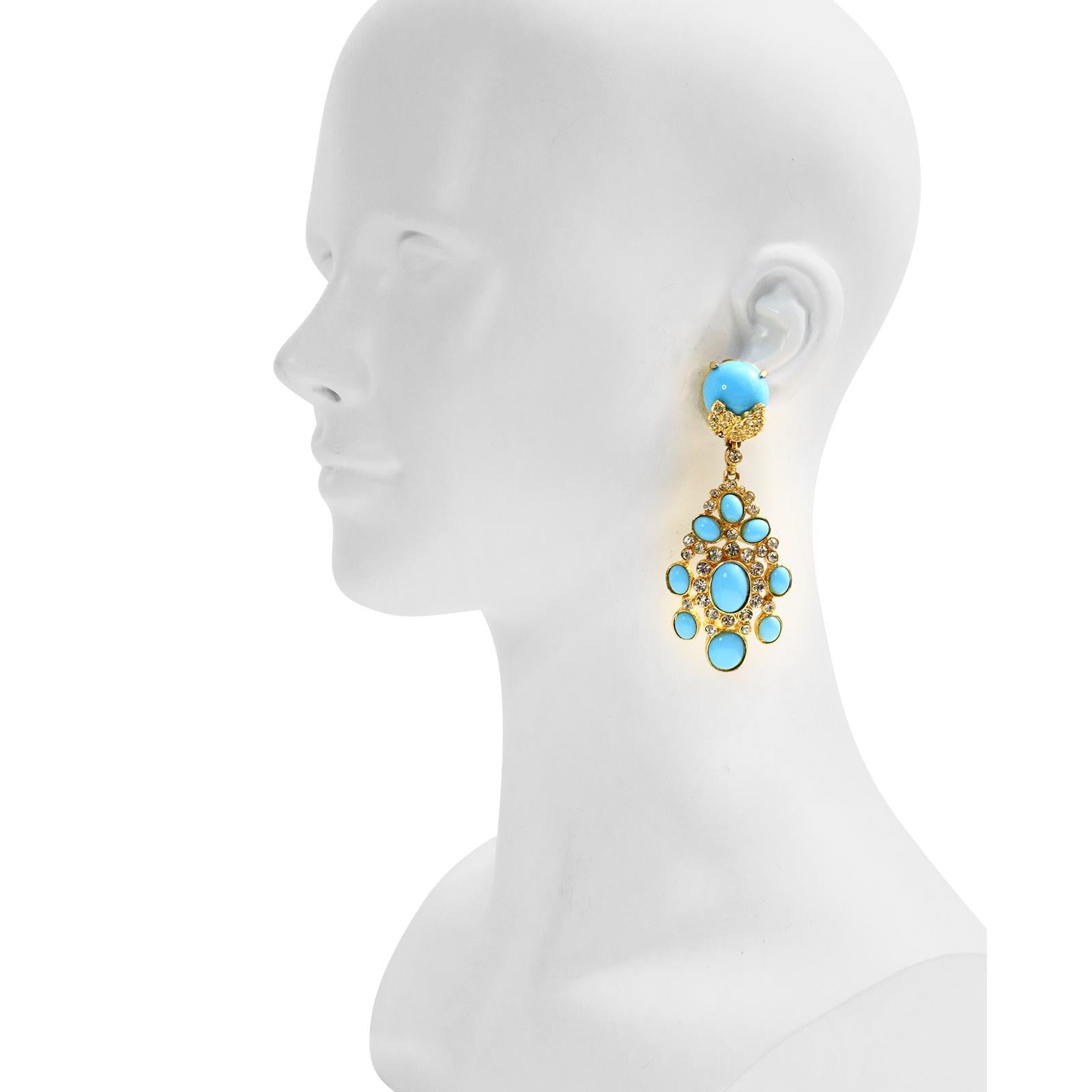 Vintage Cadoro Gold with Faux Turquoise Dangling Earrings Circa 1980s.  These are in a front facing mogul inspired design of gold, faux turquoise and diamante.  They are so special.  Substantial and well made. I have always liked Cadoro and I know