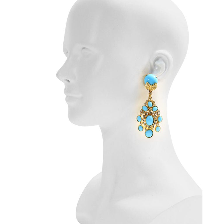 Vintage Cadoro Gold with Faux Turquoise Dangling Earrings Circa 1980s.  These are in a front facing moghul imspired design of gold, faux turquoise and diamante.  They are so special.  Substantial and well made. Clip on.
