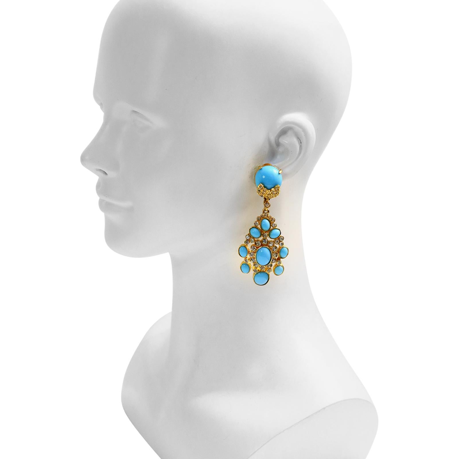 Modern Vintage Cadoro Gold with Faux Turquoise Dangling Earrings Circa 1980s For Sale