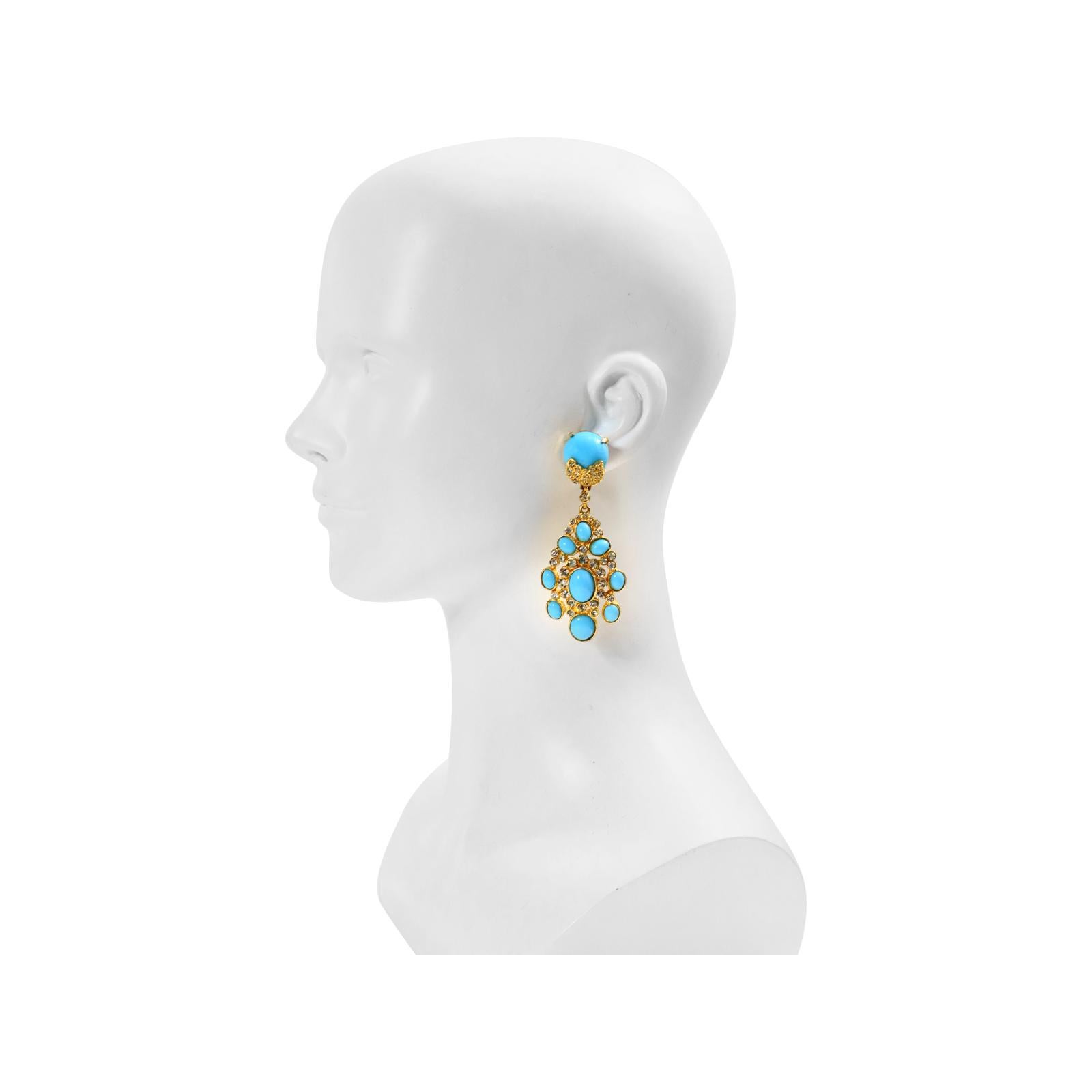 Vintage Cadoro Gold with Faux Turquoise Dangling Earrings Circa 1980s In Good Condition For Sale In New York, NY