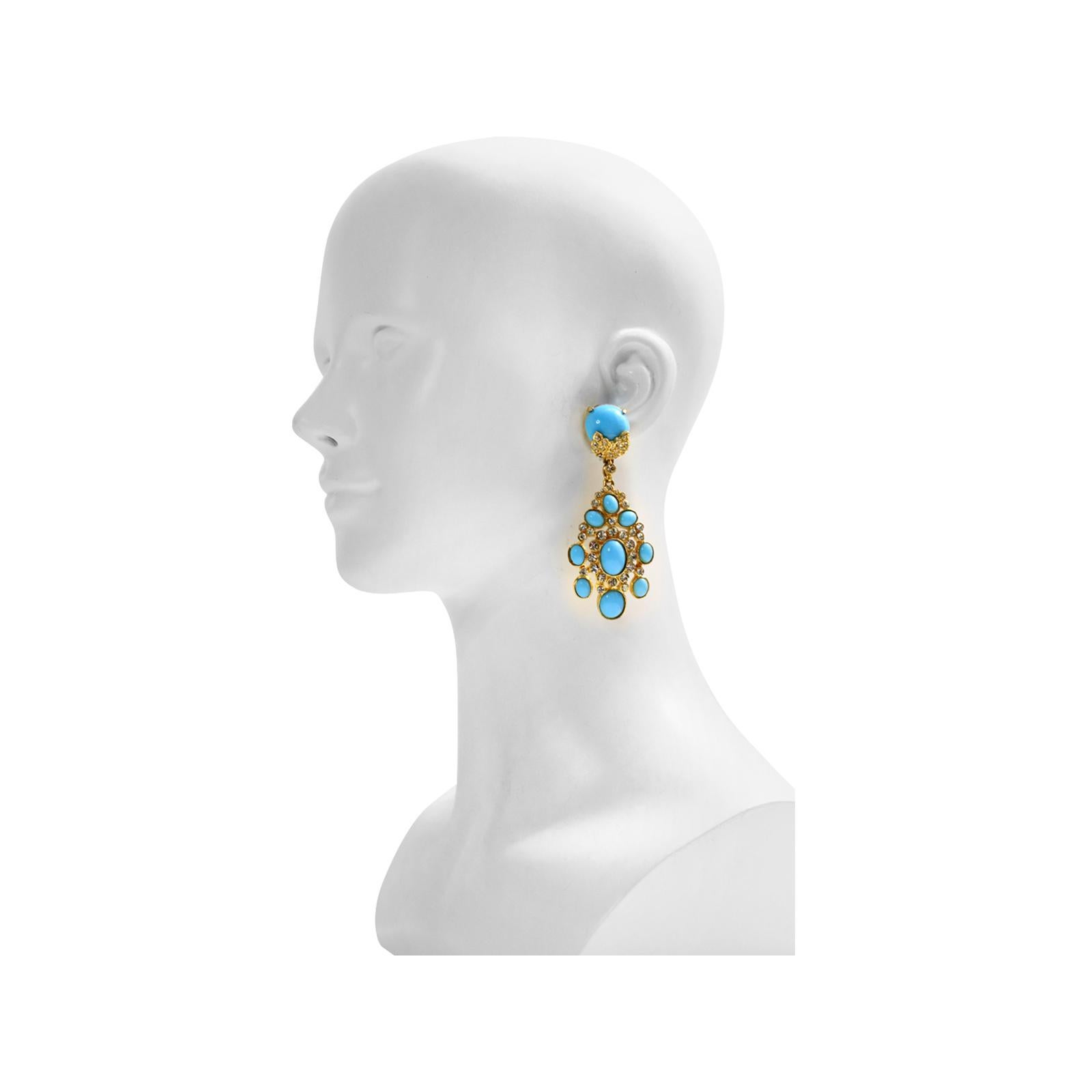 Women's or Men's Vintage Cadoro Gold with Faux Turquoise Dangling Earrings Circa 1980s For Sale