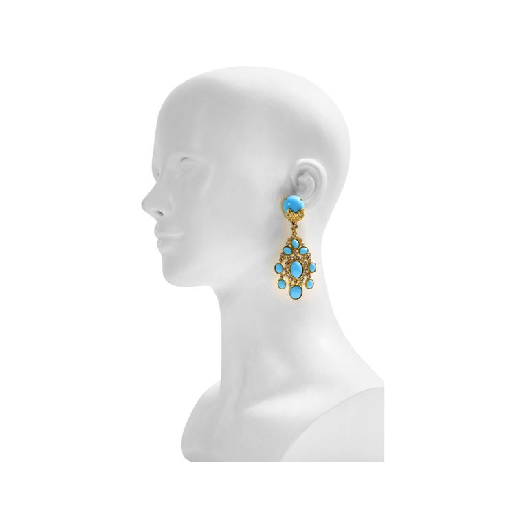 Women's or Men's Vintage Cadoro Gold with Faux Turquoise Dangling Earrings, Circa 1980s For Sale