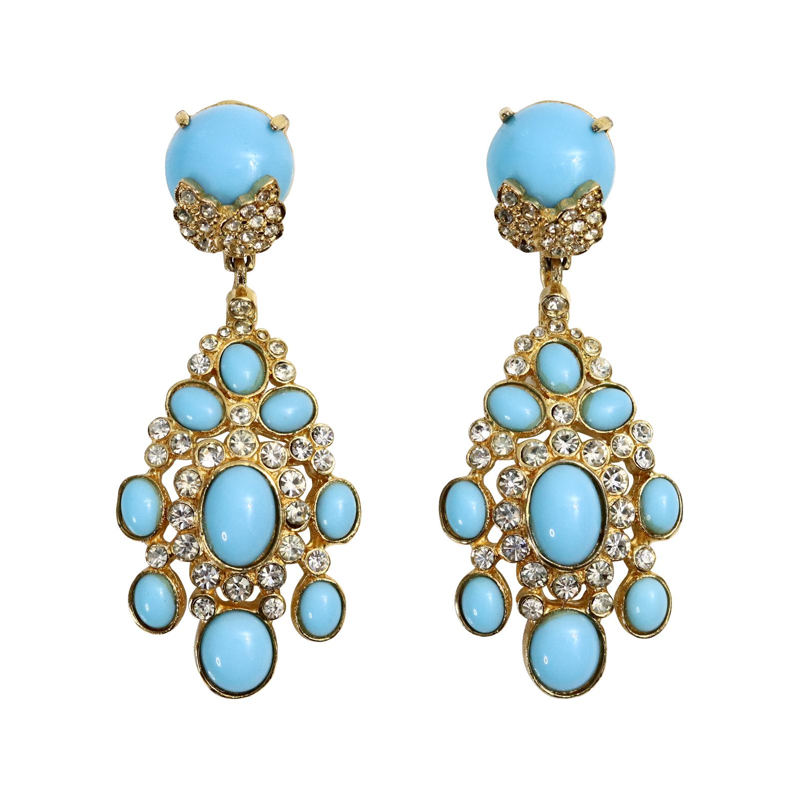 Vintage Cadoro Gold with Faux Turquoise Dangling Earrings Circa 1980s For Sale 1