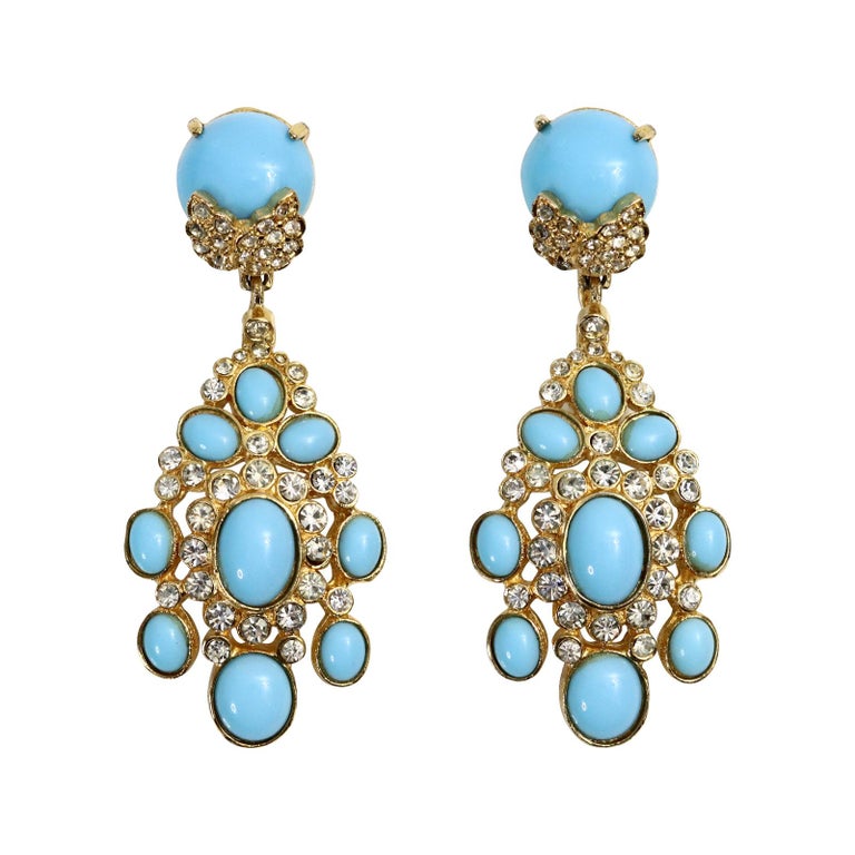 Vintage Cadoro Gold with Faux Turquoise Dangling Earrings, Circa 1980s For Sale 1