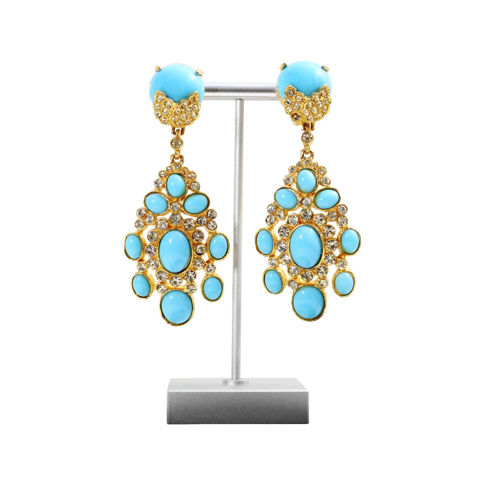 Vintage Cadoro Gold with Faux Turquoise Dangling Earrings Circa 1980s For Sale 2